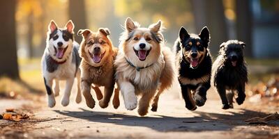 AI generated Group of Dogs Running and Playing in the Dog Park photo