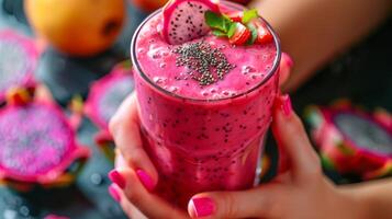 AI generated Smoothie bar with hands holding a vibrant dragon fruit smoothie. photo