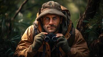 AI generated Male Wildlife Conservationist with Binoculars photo