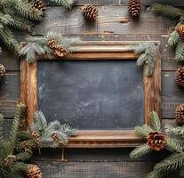 AI generated Chalkboard Surrounded by Pine Cones and Fir Branches photo