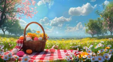 AI generated Picnic Blanket With Basket of Eggs photo