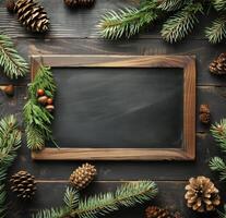 AI generated Chalkboard Surrounded by Pine Cones and Fir Branches photo