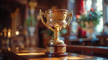 AI generated Golden Trophy on Wooden Table photo