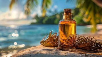 AI generated Oil Bottle Resting on Rock photo