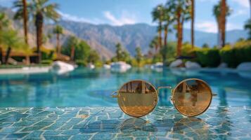 ai generado Gafas de sol en arenoso playa foto