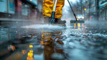 AI generated Person Standing on Wet Surface With Mop photo