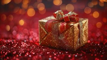 AI generated Gold Gift Box With Red Ribbon photo