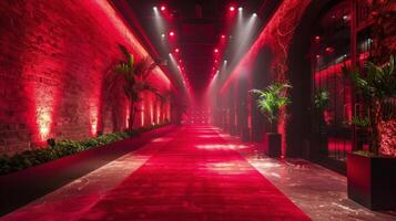 AI generated Hallway With Red Lights and Red Carpet photo