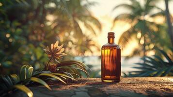 AI generated Oil Bottle Resting on Rock photo