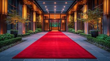 AI generated Red Carpeted Hallway With Red Wall and Planters photo