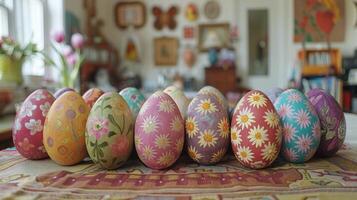 AI generated Colorful Painted Eggs on Table photo