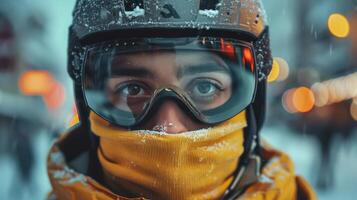 ai generado hombre vistiendo casco y gafas de protección en el nieve foto