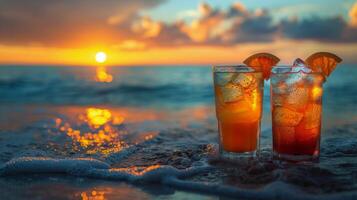 AI generated Two Glasses of Champagne on Beach at Sunset photo