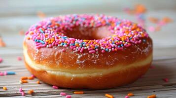 AI generated Glazed Donut With Sprinkles on Wooden Surface photo