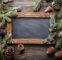 AI generated Pine Cones and Fir Branches With Chalkboard photo