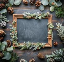 AI generated Pine Cones and Fir Branches With Chalkboard photo