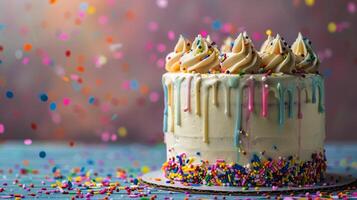 AI generated Birthday Cake With Sprinkles and White Frosting photo