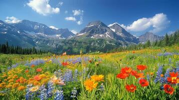 AI generated Field of Wildflowers With Mountains in Background photo