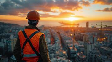 AI generated Man in Hard Hat With Cityscape photo