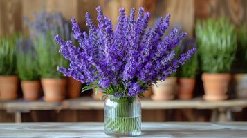 ai generado púrpura flores relleno florero en mesa foto