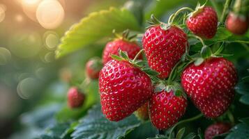 AI generated Close Up of Fresh Strawberries on Vine photo