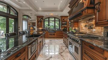 AI generated Modern Kitchen With Marble Countertops and Stools photo