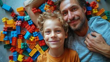 ai generado hombre jugando con niño en el piso foto