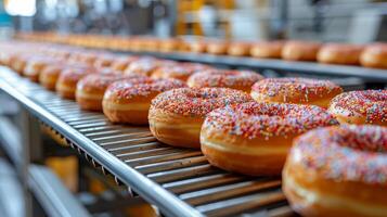 ai generado transportador cinturón lleno con vidriado rosquillas foto