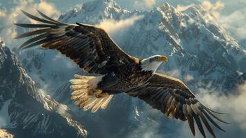 AI generated Large Bird Flying Over Lush Green Forest photo