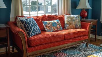 AI generated Stylish Living Room With Blue Walls and Red Couch photo