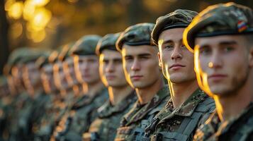 ai generado grupo de hombres en uniformes en pie juntos foto