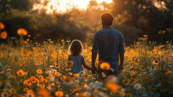 ai generado hombre y pequeño niña caminando mediante campo de flores foto