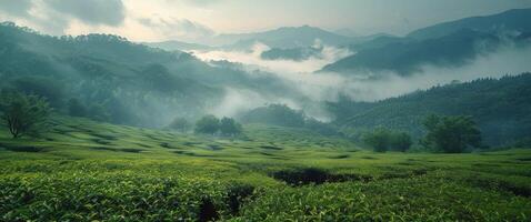 AI generated Lush Green Hillside Blanketed in Clouds and Trees photo