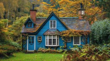 ai generado azul casa rodeado por arboles en otoño foto
