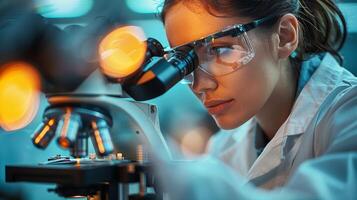ai generado joven mujer mirando a un microscopio en laboratorio foto