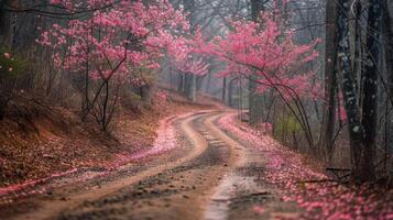 ai generado suciedad la carretera corte mediante bosque foto