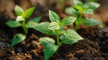 AI generated Group of Small Green Plants Growing in Dirt photo