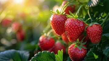 AI generated Close Up of Fresh Strawberries on Vine photo