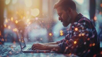 AI generated Man Sitting in Front of Laptop Computer photo