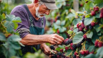 AI generated Older Man Picking Berries From Bush photo