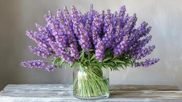 ai generado púrpura flores relleno florero en mesa foto