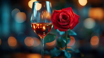 AI generated Wine Glass and Rose on Table photo