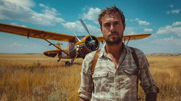 ai generado hombre en pie en frente de avión en campo foto