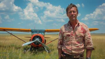 AI generated Man Standing in Front of Airplane in Field photo