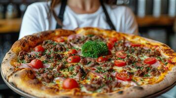 AI generated Man and Woman Holding Large Pizza photo