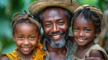 ai generado sonriente hombre y dos niños foto