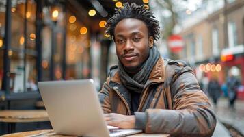 AI generated Man Sitting in Front of Laptop Computer photo