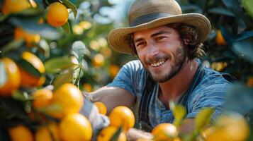 AI generated Man Picking Oranges From Tree photo