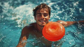 AI generated Man Holding Orange Ball in Swimming Pool photo