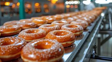 ai generado transportador cinturón lleno con vidriado rosquillas foto